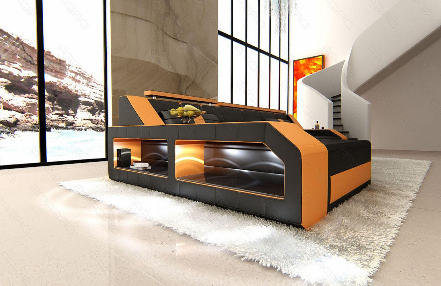 Thumbnail - Sofa Dreams Ecksofa, Schwarz, Orange, Leder, L-Form, Ottomane links,L-Form, 308x194 cm, Wohnzimmer, Sofas & Couches, Woh...