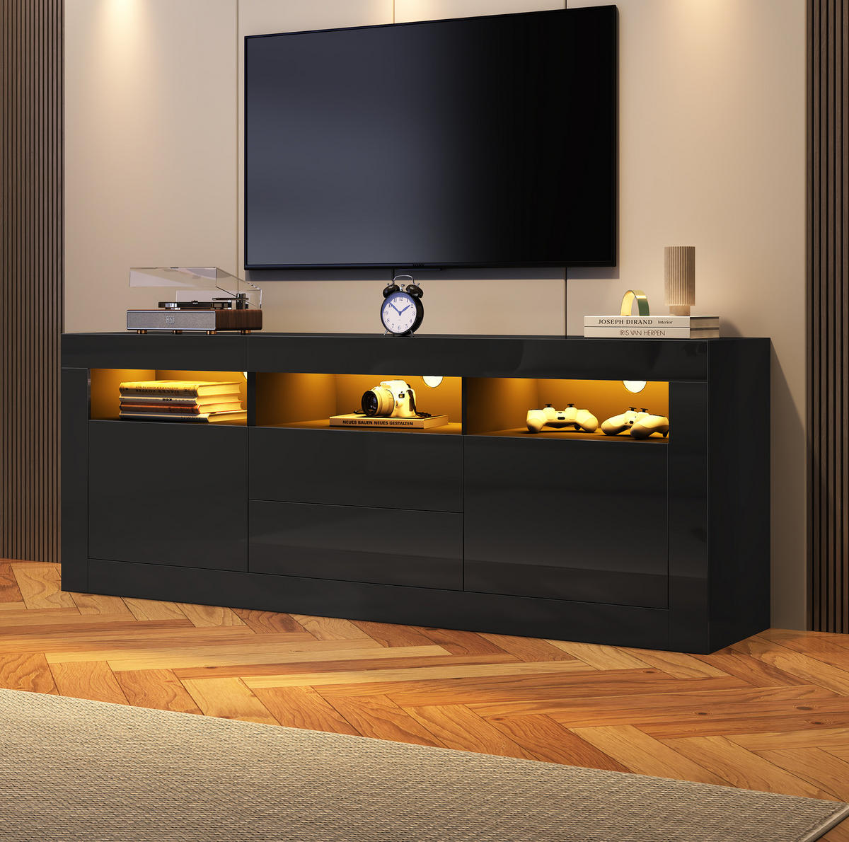 TV-SCHRANK mit LED-Beleuchtung 160 x 35 x 60 cm Hochglanz Schwarz - Schwarz, Holzwerkstoff (35/60/160cm) - Beauniv