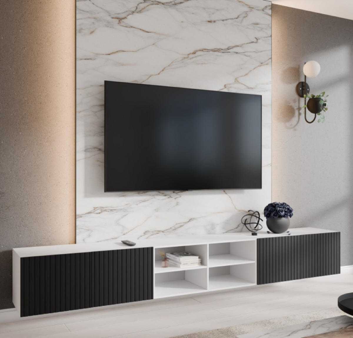 TV-SCHRANK Weiß Schwarz RIO Offene Mit Regalen Gerillt 300 cm - Schwarz/Weiß, Holzwerkstoff (300/41/40cm) - Sepro Meble