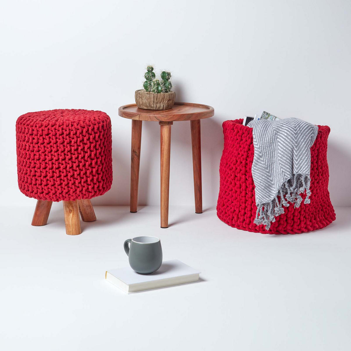 STRICK-HOCKER rot, Dreibein 32/32/42 cm - Rot, Textil (32/42/32cm) - Homescapes