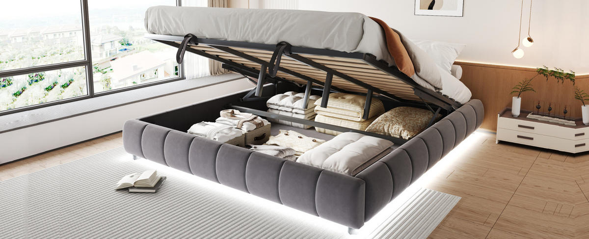 POLSTERBETT 180/200 cm Grau aus Flanellstoff mit Bettkasten und LED-Lichtleiste - Grau, Textil (180/200cm) - OKMYHOME