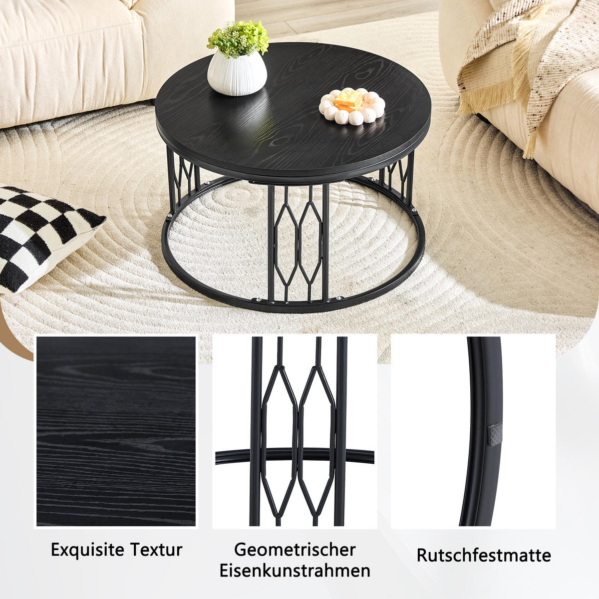 COUCHTISCH DE-37365 rund mit Holzoptik Schwarz - Schwarz, Metall (70/70/40.5cm) - ComfortXL
