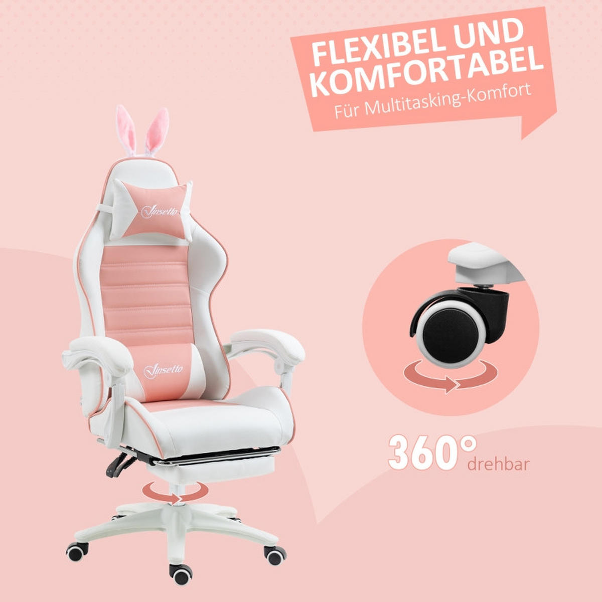 GAMINGSTUHL 65/63/136-142 cm, höhenverstellbar 44-52 cm, mit Fußstütze und Hasenohren, Bonded Leather, Pink - Pink, Kunststoff (63/142/65cm) - Redom