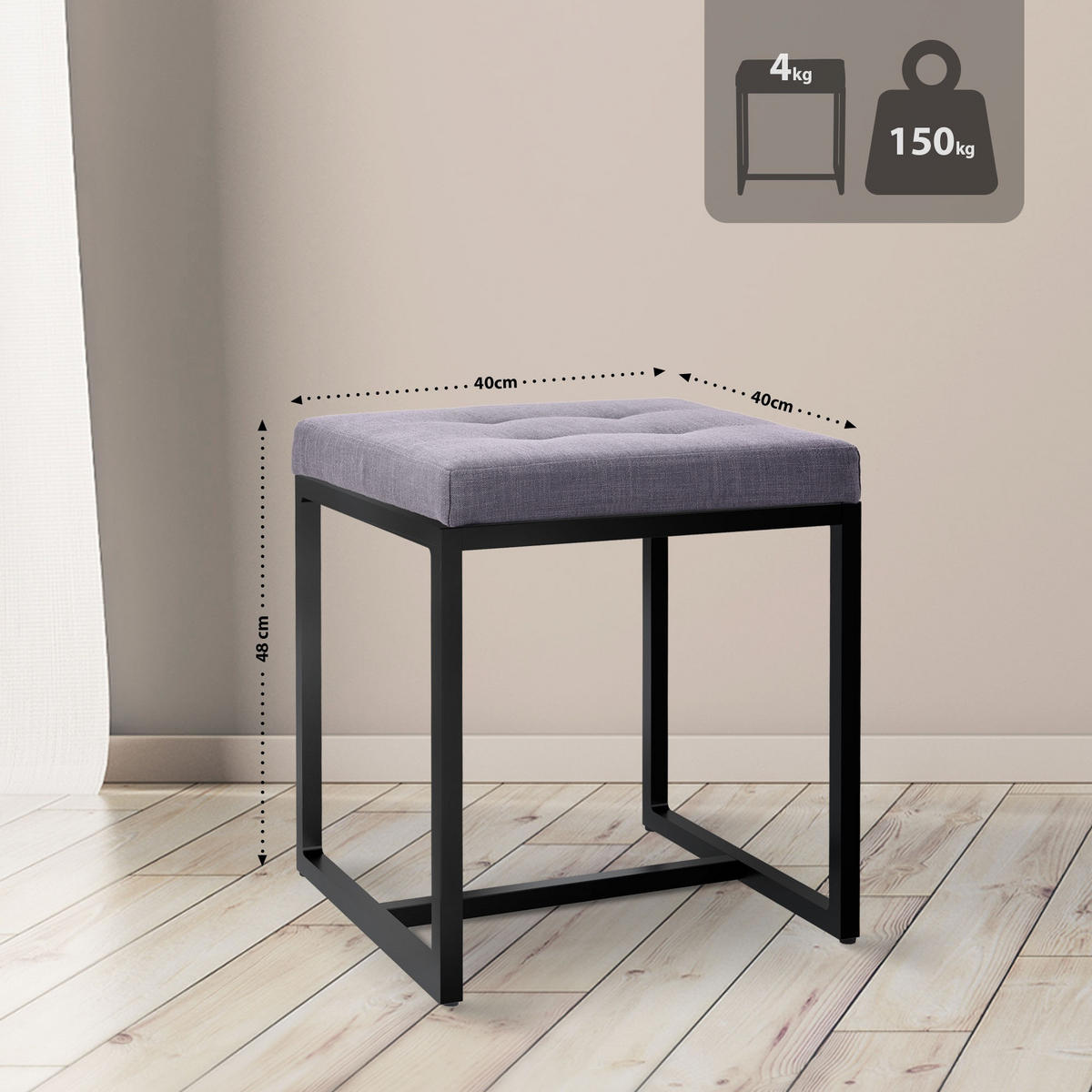 SITZWÜRFEL eckig 40/40/48 cm Stoff dunkelgrau - Dunkelgrau/Schwarz, Textil/Metall (40/48/40cm) - CLP