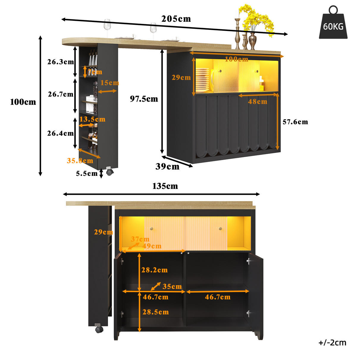 BARTISCH 135-205/39/100 cm mit Rollen, LED und Stauraum in Schwarz - Schwarz, Holzwerkstoff (135/39/100cm) - BEAOK