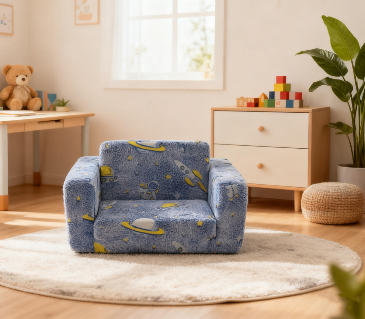 KINDERSOFA Aufklappbares Kleinkindsofa Stoff leuchtendes Motiv 106/63/28,5 cm Blau - Blau, Textil (63/28.5/106cm) - Redom