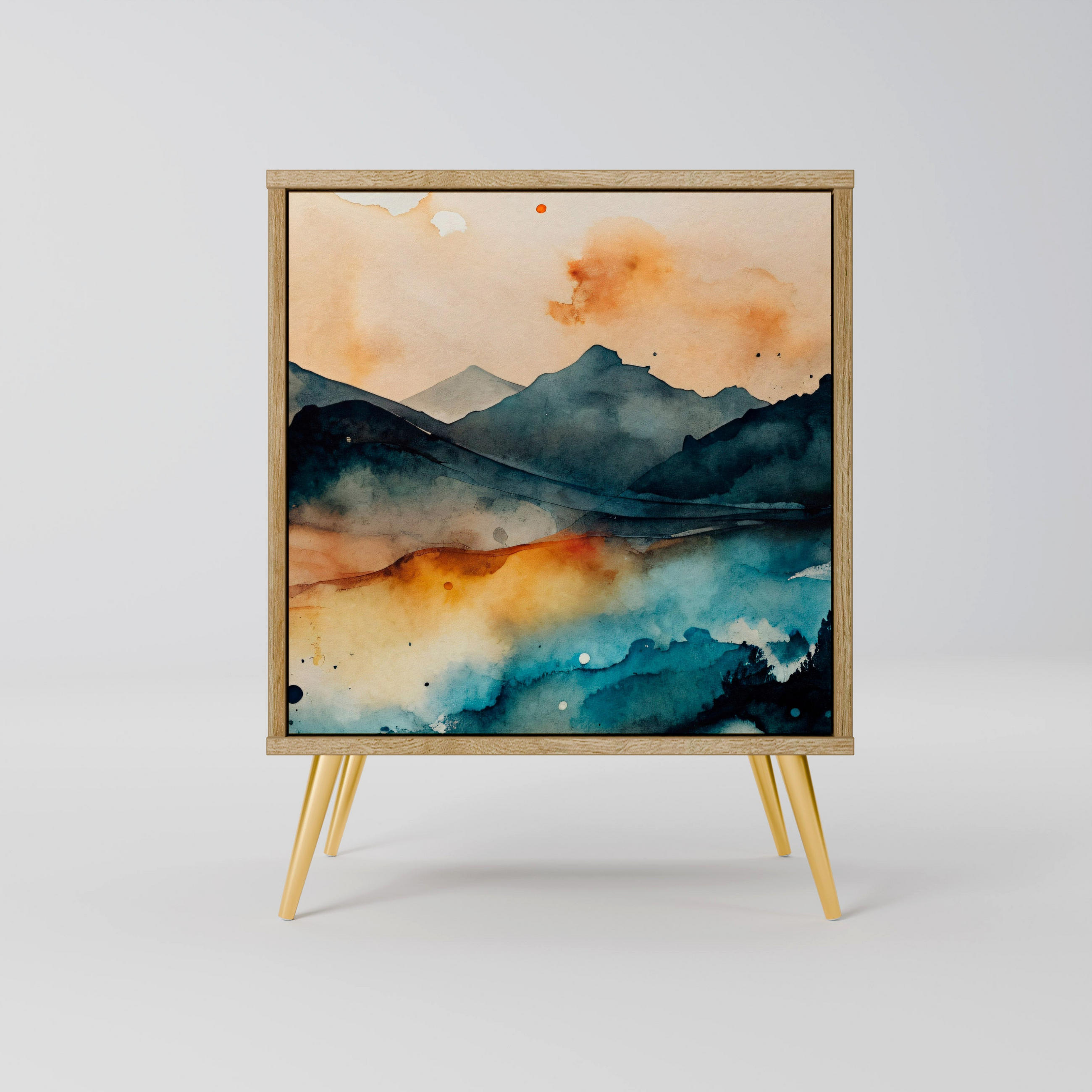 SIDEBOARD OMINOUS MOUNTAINS, Eichefarben, 57,5x42x75,5 cm, Goldfarbene Metallfüße - Eichefarben/Goldfarben, Holzwerkstoff/Metall (57.5/75.5/42cm) - SpaceRebels