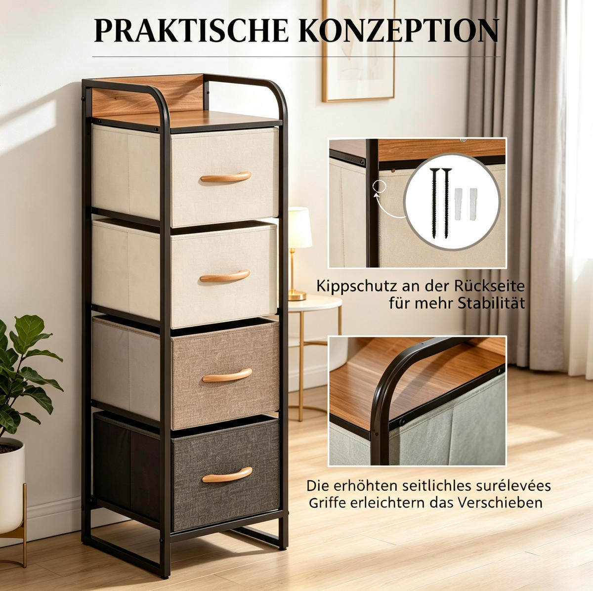 KOMMODE in Beige und Braun 31x29x99 cm mit 4 Stoffschubladen - Beige, Holzwerkstoff (29/99/31cm) - IVMEU