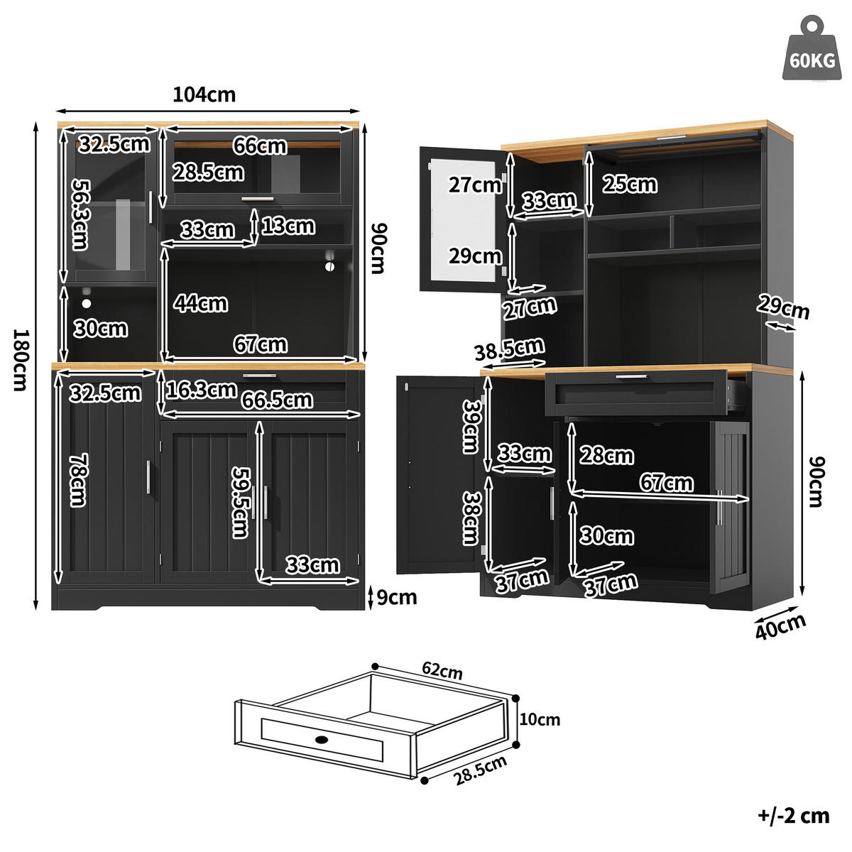 KÜCHENSCHRANK LED 104x40x180Cm Vitrine Weiß Schwarz - Schwarz, Metall (104/180/40cm) - FLIEKS