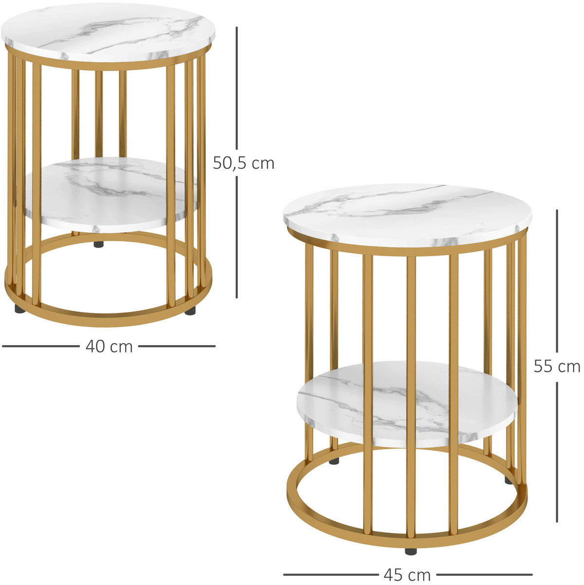 COUCHTISCH-SET aus 45x45x55 cm MDF und Metall in Weiß mit Marmoroptik, 2 runde Tische mit Ablage - Weiß, Holz (45/45/55cm) - IVMEU