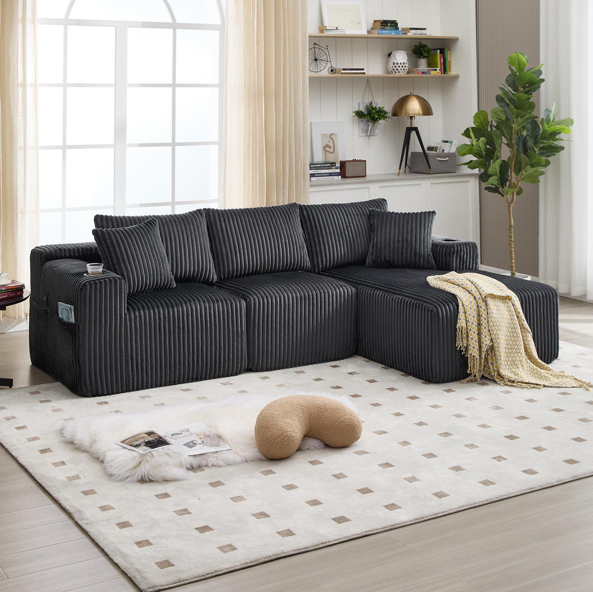 ECKSOFA 257/90-160/62 cm grau aus Cord mit 5 Kissen - Grau, Textil (160/257cm) - OKWISH