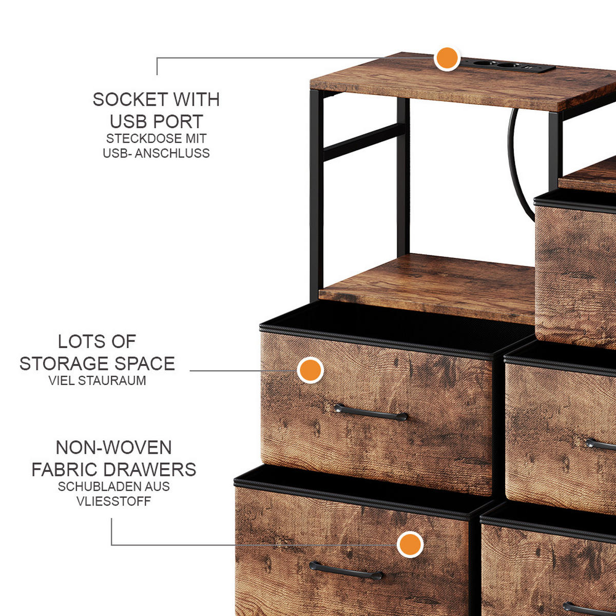 SIDEBOARD Brian Eiche rustikal 132 x 30 cm mit 8 Schubladen und USB - Eichefarben/Schwarz, Holzwerkstoff (88/30/132cm) - Vicco