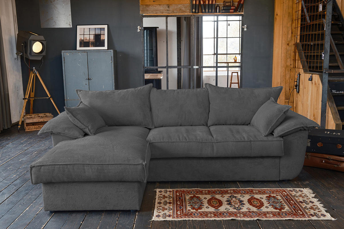 ECKSOFA DAMETO Grau Cord - Schwarz/Grau, Kunststoff/Textil (266/174cm) - KAWOLA