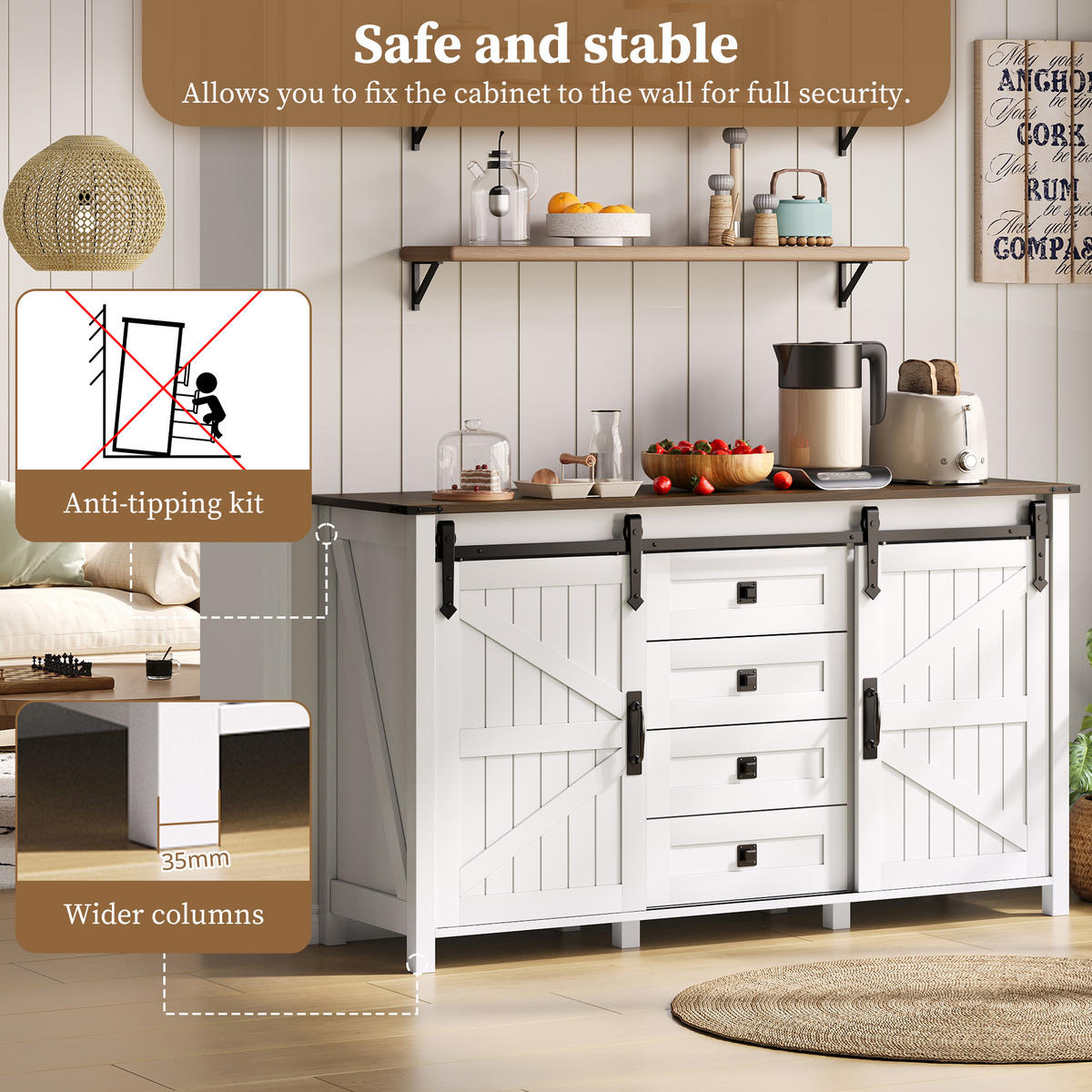 SIDEBOARD im modernen Landhausstil mit 2 Schiebetüren und 4 Schubladen, MDF, 137/40/81,5 cm, Weiß - Weiß, Holzwerkstoff (137/81.5/40cm) - Redom