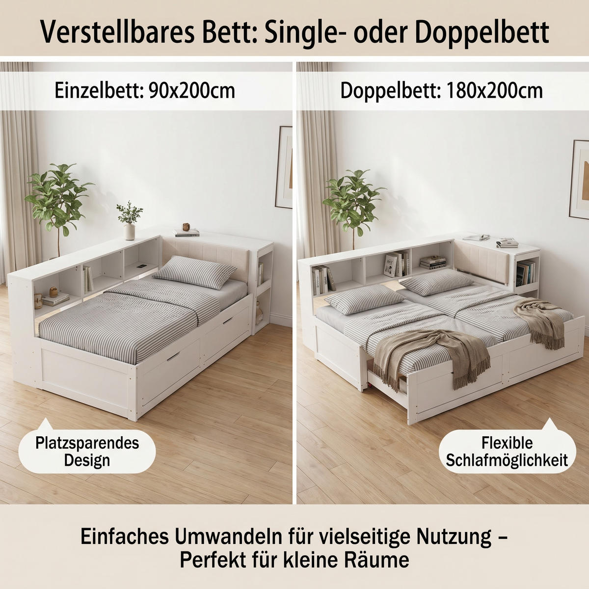 BETTANLAGE 90/200 cm in Mattweiß mit Schreibtisch, Schubladen und Steckdose - Weiß, Holzwerkstoff/Metall (90/200cm) - WISHDOR