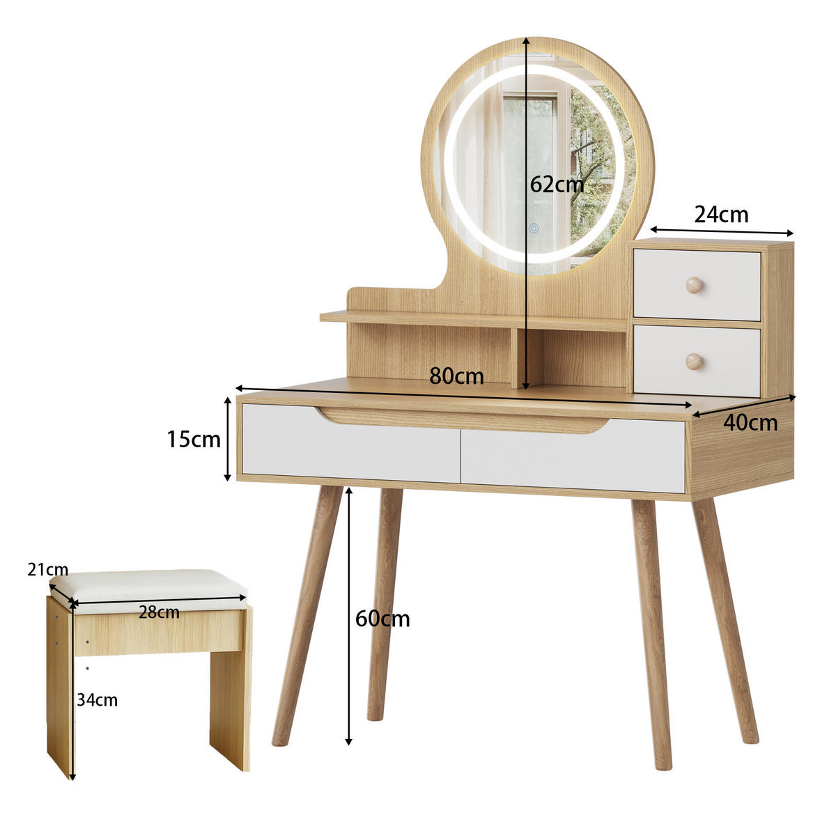 SCHMINKKOMMODE in Naturholz 80/40/135 cm aus MDF mit LED-Spiegel, Hocker, Schubladen und Stauraum - Naturfarben, Holzwerkstoff (80/135/40cm) - CHICFURN