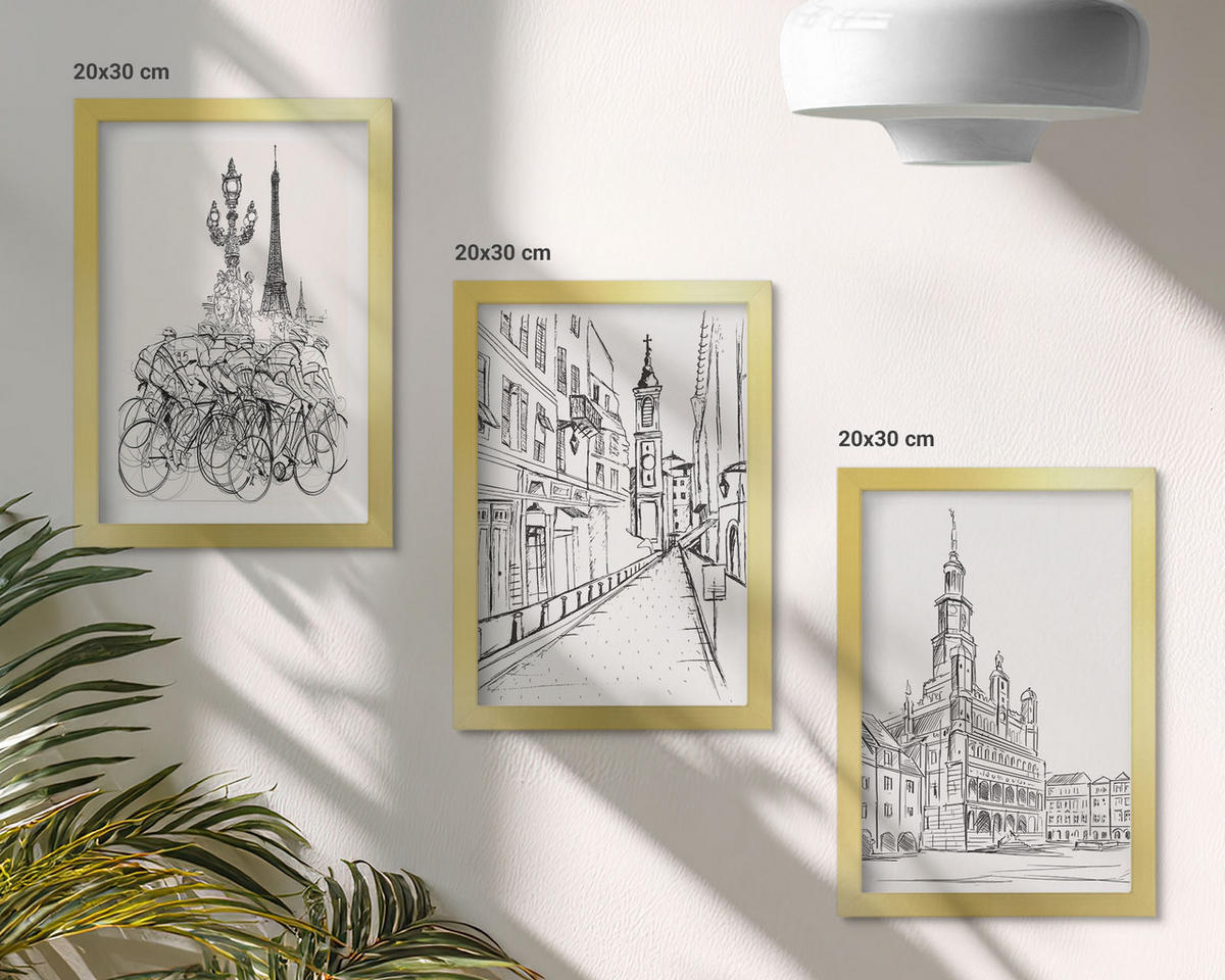 BILDER SET 3er Set - 20x30 cm Goldrahmen - Einfache Zeichnungen von Stadtlandschaften - Goldfarben, Kunststoff (20/30cm) - TULUP