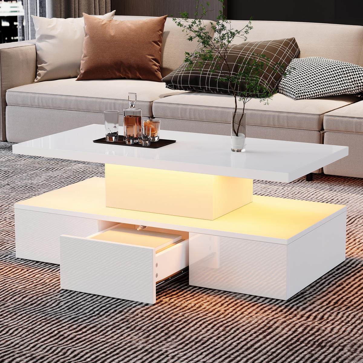 COUCHTISCH LED Hochglanz Weiß 2-stufig mit Schublade 100x50cm - Weiß, Holzwerkstoff (100/50/39cm) - FLIEKS