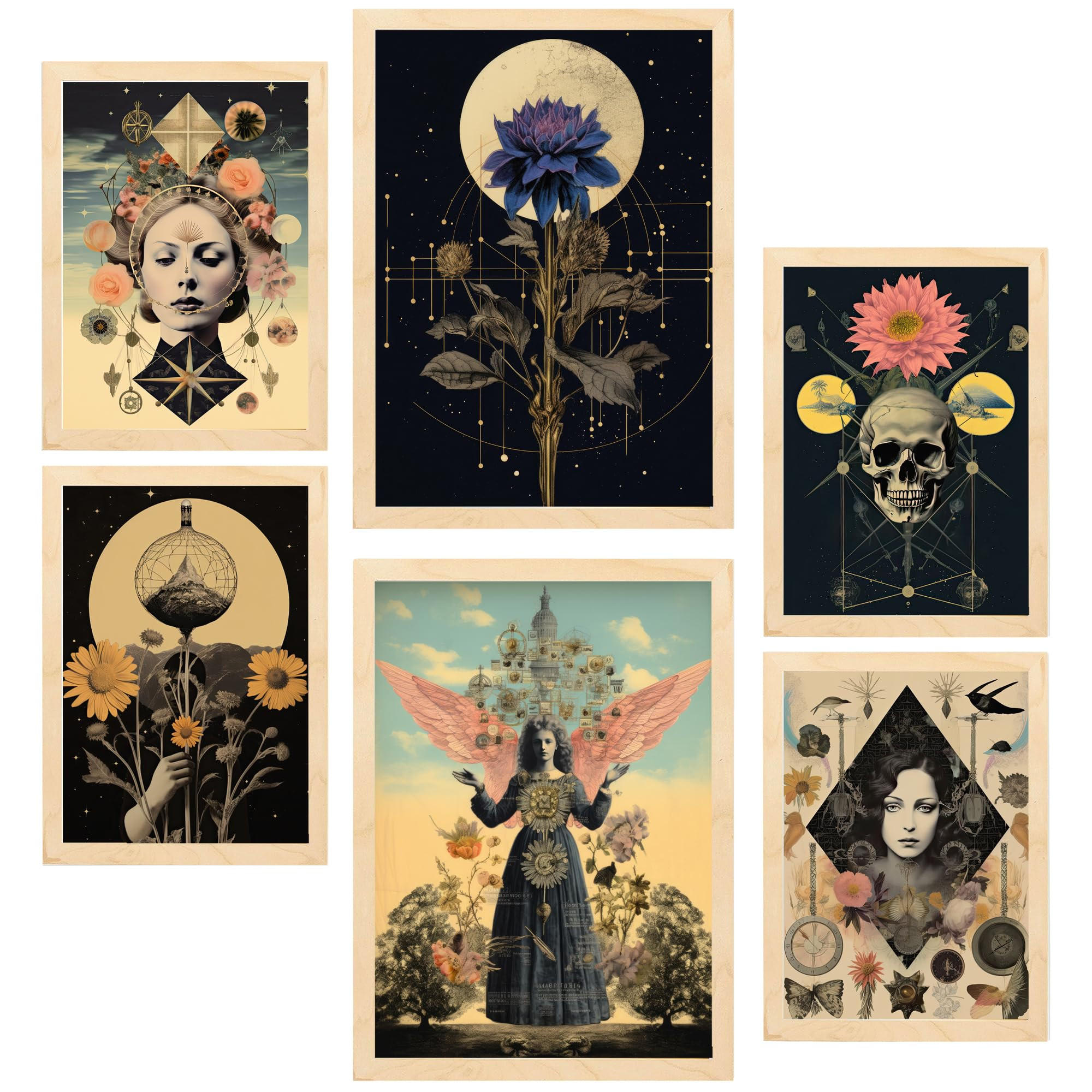 POSTER Set Mit 6 Floralen Mystischen Esoterischen A3 & A4 Rahmen Aus Hellem Holz - Beige, Papier (29/3cm) - Nacnic
