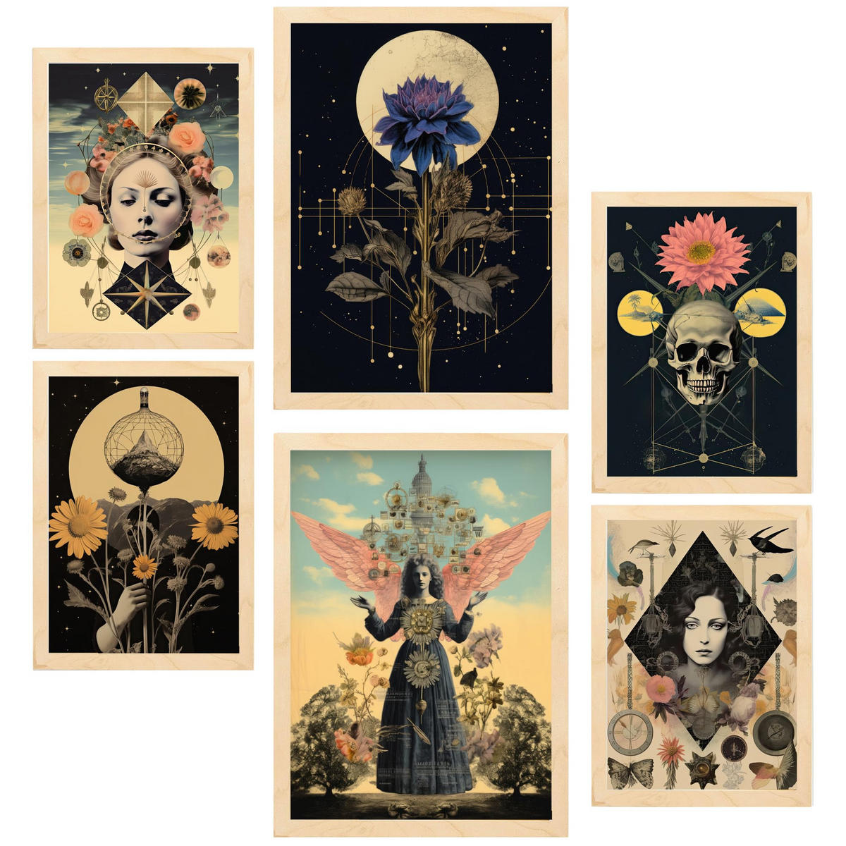 POSTER Set Mit 6 Floralen Mystischen Esoterischen A3 & A4 Rahmen Aus Hellem Holz - Beige, Papier (29/3cm) - Nacnic