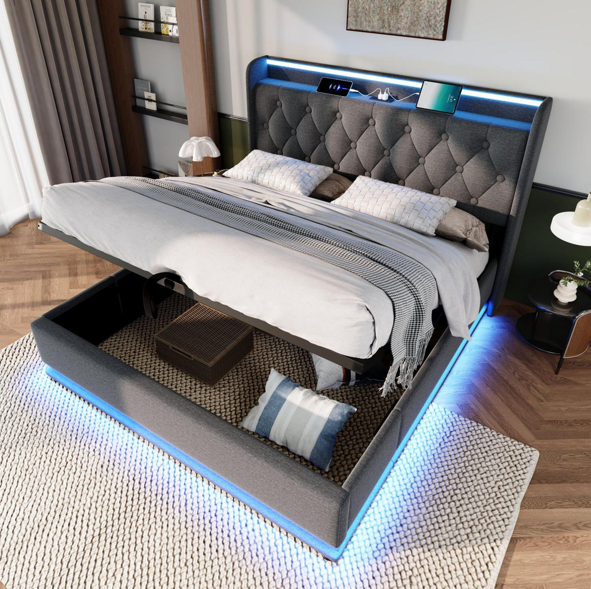 POLSTERBETT mit LED und Stauraum 180x200 cm Leinen Grau - Dunkelgrau, Metall (180/200cm) - Meubliv