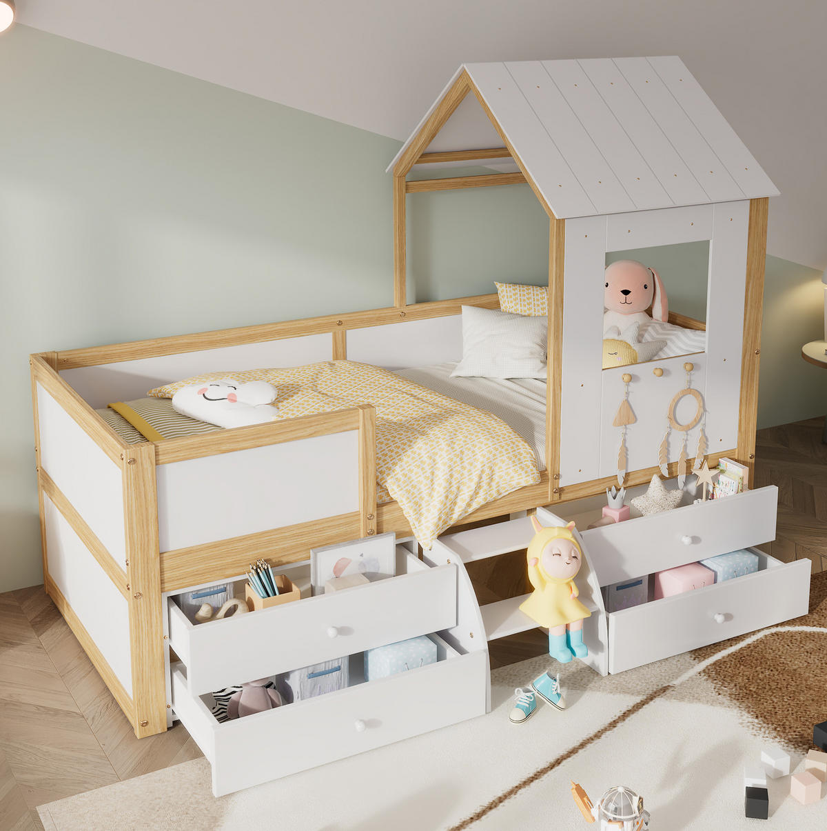 KINDERBETT aus Kiefer, MDF und Sperrholz 90x200 cm Weiß/Natur mit Dach, Fenster, 4 Schubladen und kleiner Treppe - Weiß, Holzwerkstoff (90/200cm) - Modfu