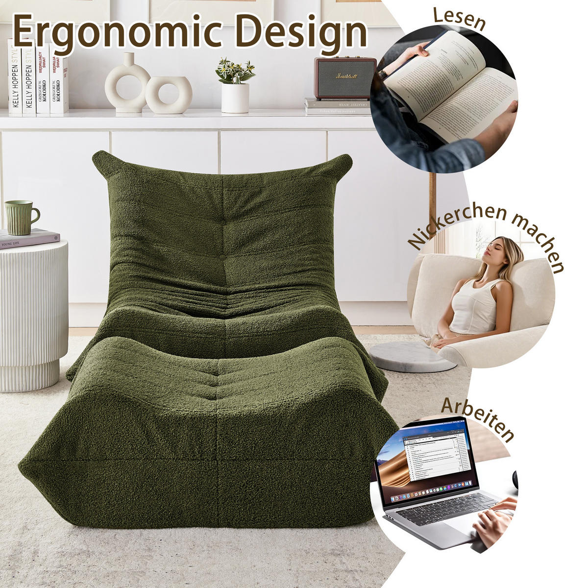 LAZY SOFA Teddyfell Optik mit Hocker weich & ergonomisch - Grün, Textil (100/70/90cm) - Urban Meuble