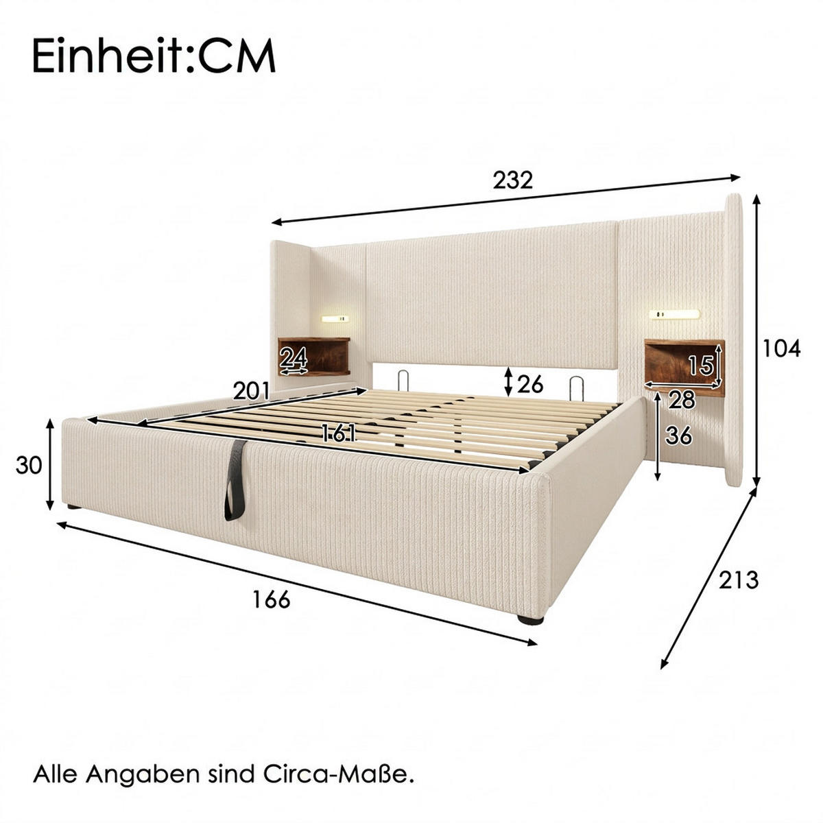 POLSTERBETT 160/200 cm Beige mit Nachttisch, Leselampe und USB Type-C Ladefunktion, Ohne Matratze - Beige, Holz/Textil (160/200cm) - Oxeza