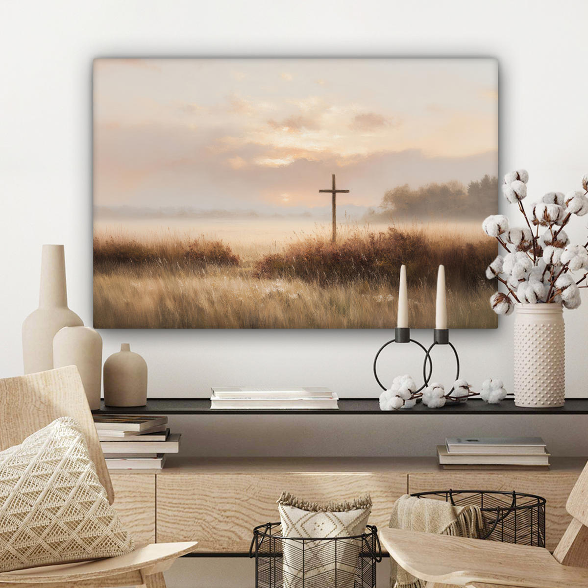 LEINWANDBILD Gras - Morgennebel - Kreuz - Christentum Gemälde 60x40 cm - Beige, Textil (60/40cm) - MuchoWow