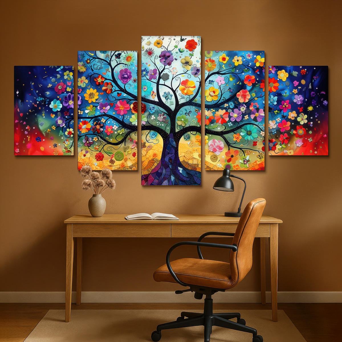 LEINWANDBILD 5er Set Bunt - Baum des Lebens - Blumen - Abstrakt 200x100 cm - Blau, Textil (200/100cm) - MuchoWow