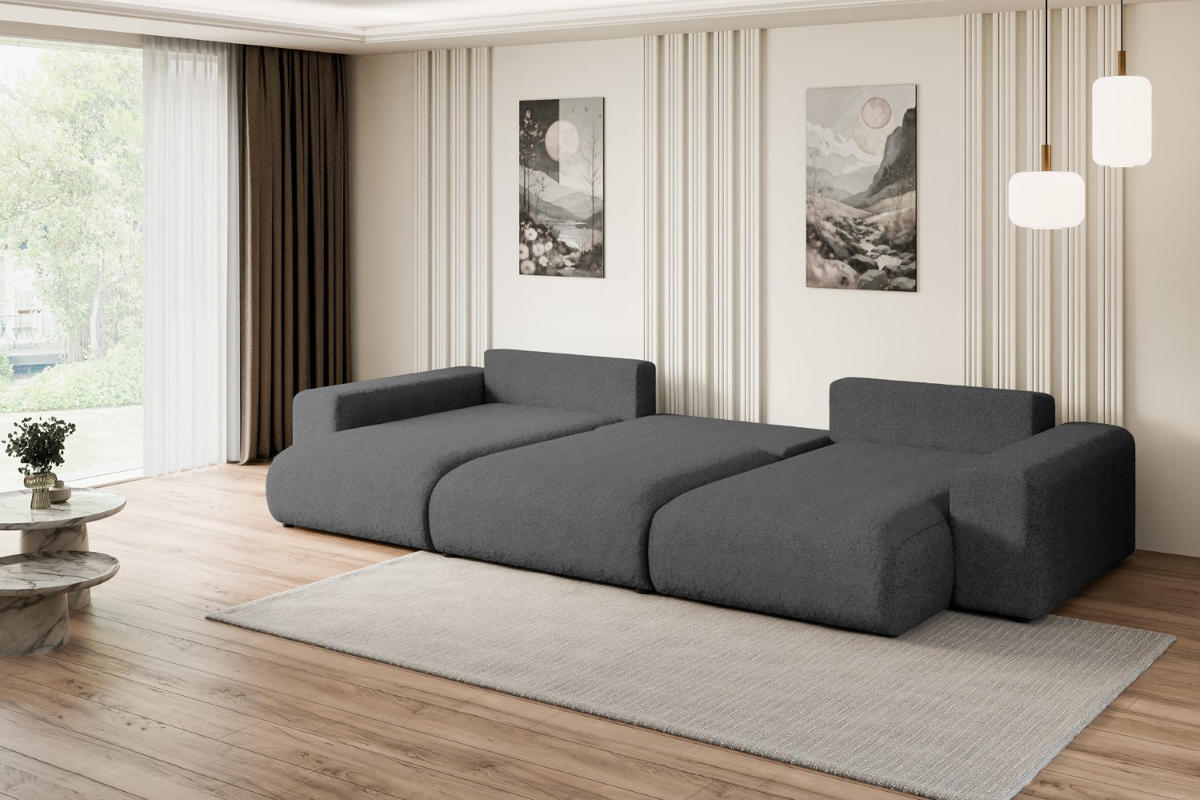 WOHNLANDSCHAFT mit Schlaffunktion und Bettkasten ESKAR-U -352x165x84cm Grau Bouclé - Schwarz/Grau, Holzwerkstoff/Kunststoff (352/84/165cm) - ALTDECOR