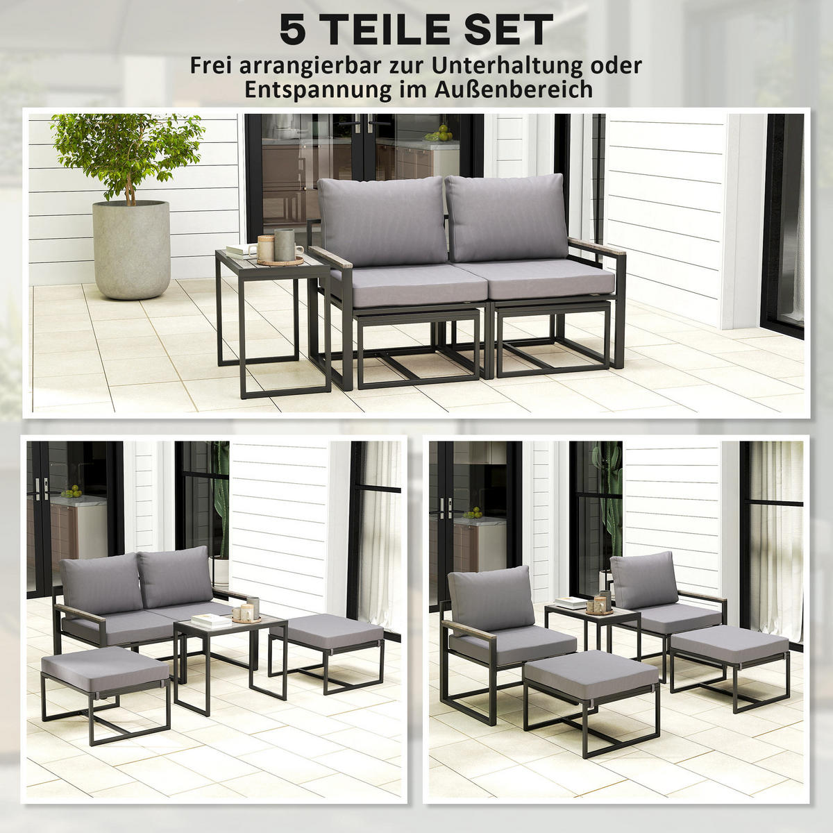 STAHL GARTENMÖBEL SET DE-06539 5-teilig mit Sitzkissen & Beistelltisch Grau - Grau, Textil/Metall - ComfortXL
