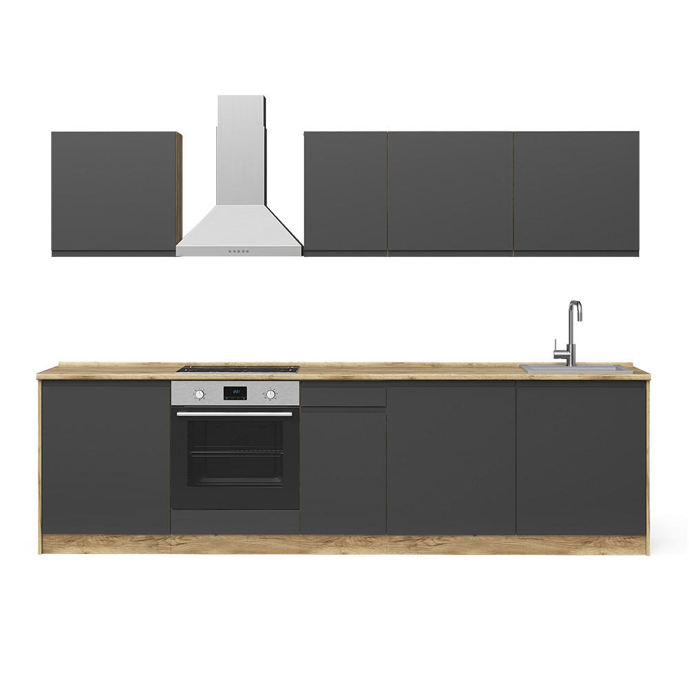 KÜCHENZEILE R-Line, Anthrazit/Goldkraft Eiche, 280 cm Arbeitsplatte Weiß - Eichefarben/Anthrazit, Holzwerkstoff (280/206.8/60cm) - Vicco