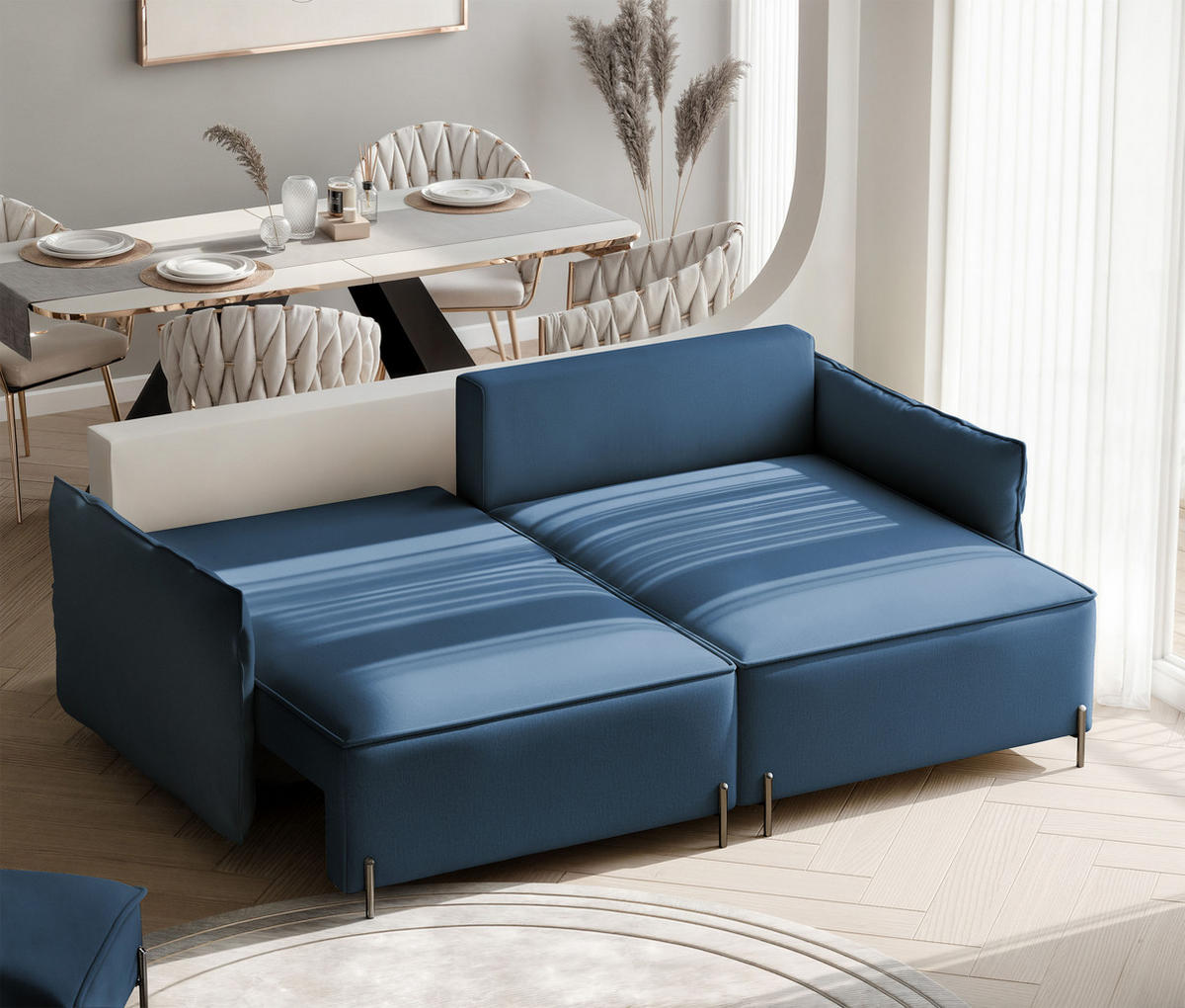 ECKSOFA MARCO Rechts, mit Schlaffunktion und Bettkasten, Marineblau - Dunkelblau, Textil/Metall (221/148cm) - Idohome