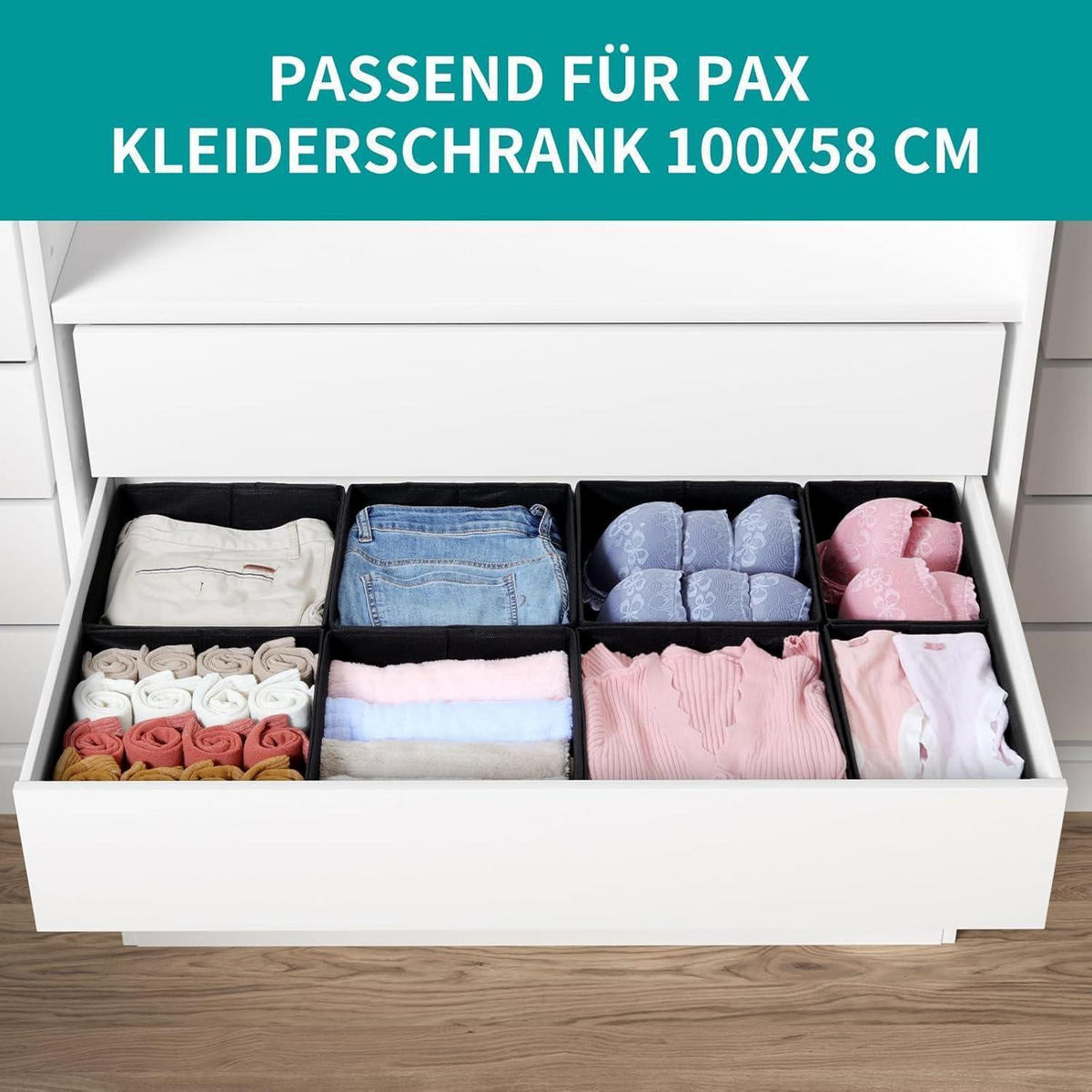 SCHUBLADEN Organizer 8er Set für PAX Kleiderschrank 100x58 cm Schwarz - Schwarz, Textil (24/11/26cm)