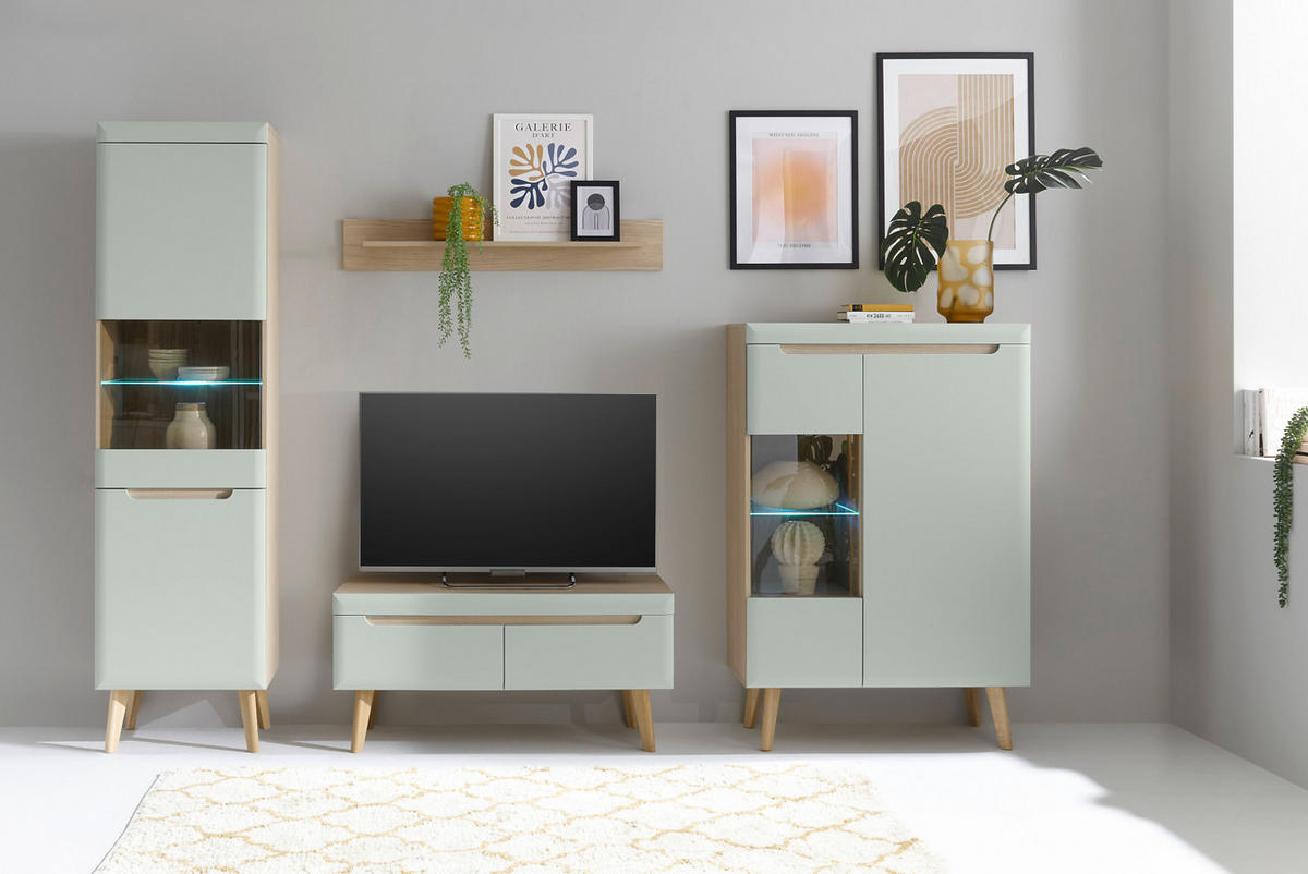 WOHNWAND 4-teilig Pistazie grün, Eiche, skandinavisch 290 cm, Wohnkombination mit Soft-Close - Eichefarben/Pastellgrün, Glas/Eichenholz (290/197/40cm) - Furn.Design