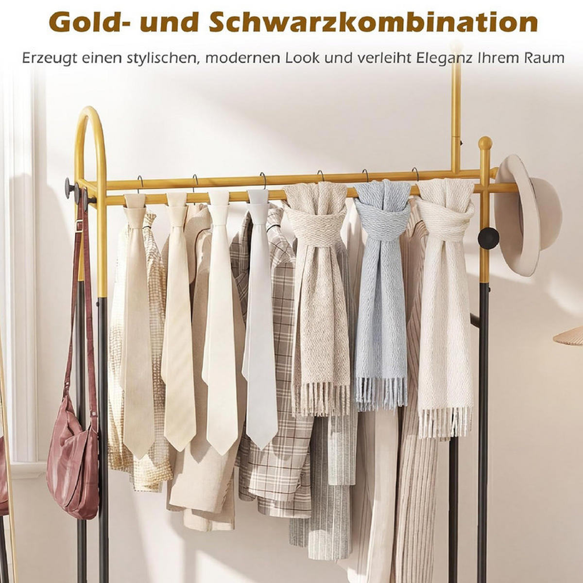 GARDEROBENSTÄNDER mit 5 Haken gold - Goldfarben, Metall (101/179/40cm) - COSTWAY