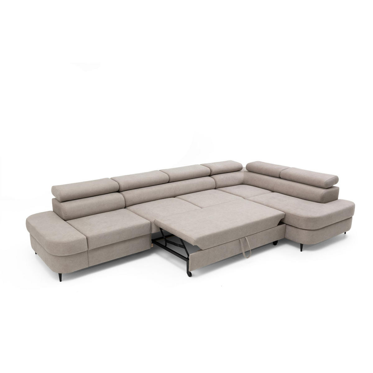 ECKSOFA PRIAM MAXI L-Form Rechts mit Schlaffunktion 125x195 Velours Beige - Beige/Schwarz, Holz/Textil (350/203cm) - Muffo