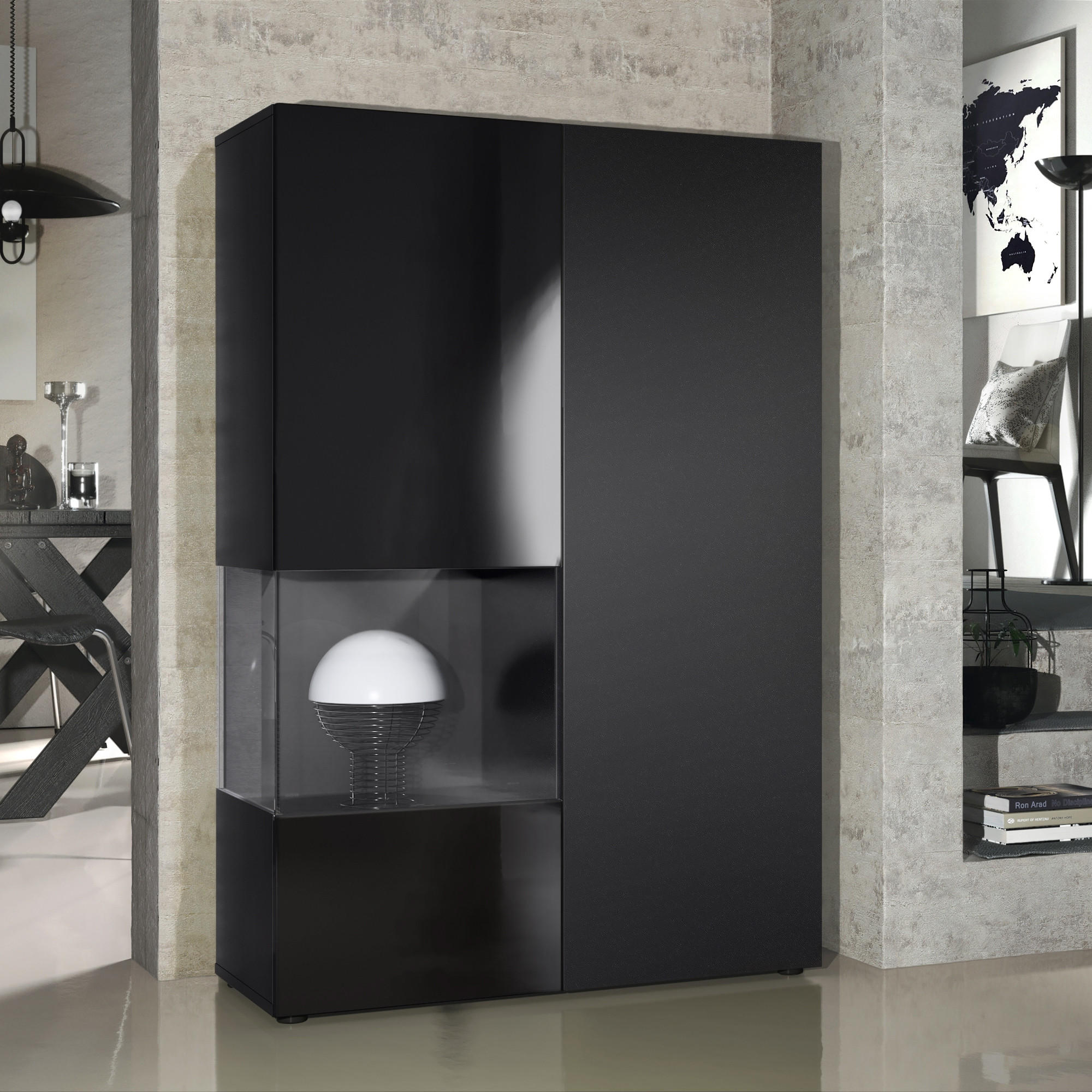 VITRINE Morena Tür und Einsatz in Schwarz Matt - Schwarz, Holzwerkstoff (91.5/136.5/37cm) - Vladon