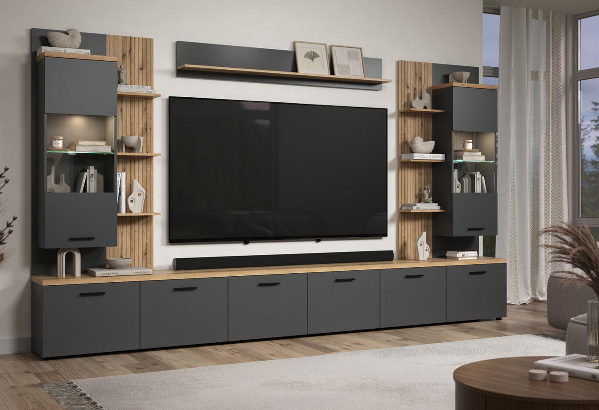 WANDBOARD grau, Evoke Eiche hängend, Wandregal 150 x 25 cm - Eichefarben/Anthrazit, Holzwerkstoff (150/25/18cm) - Top.Furn