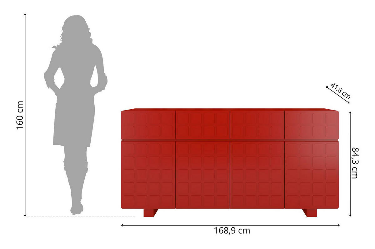 SIDEBOARD Cubo Long, Geometrische 3D Fronten, 169 cm, Rot - Rot, Holz/Holzwerkstoff (168.9/83.8/41.8cm) - Skandica