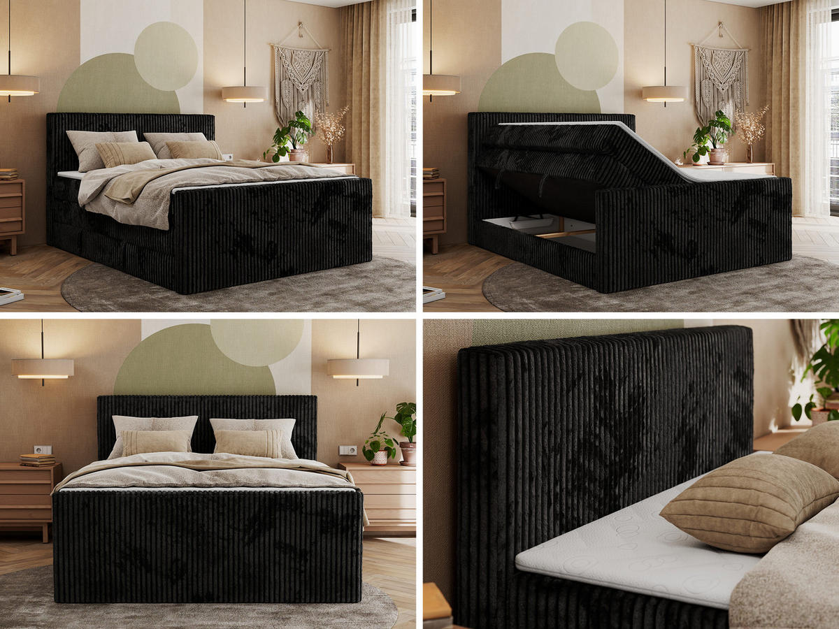 BOXSPRINGBETT TILIANO KING DUO 140/200 - Schwarz Cord - H4 - Schwarz, Textil (140/200cm) - MKS