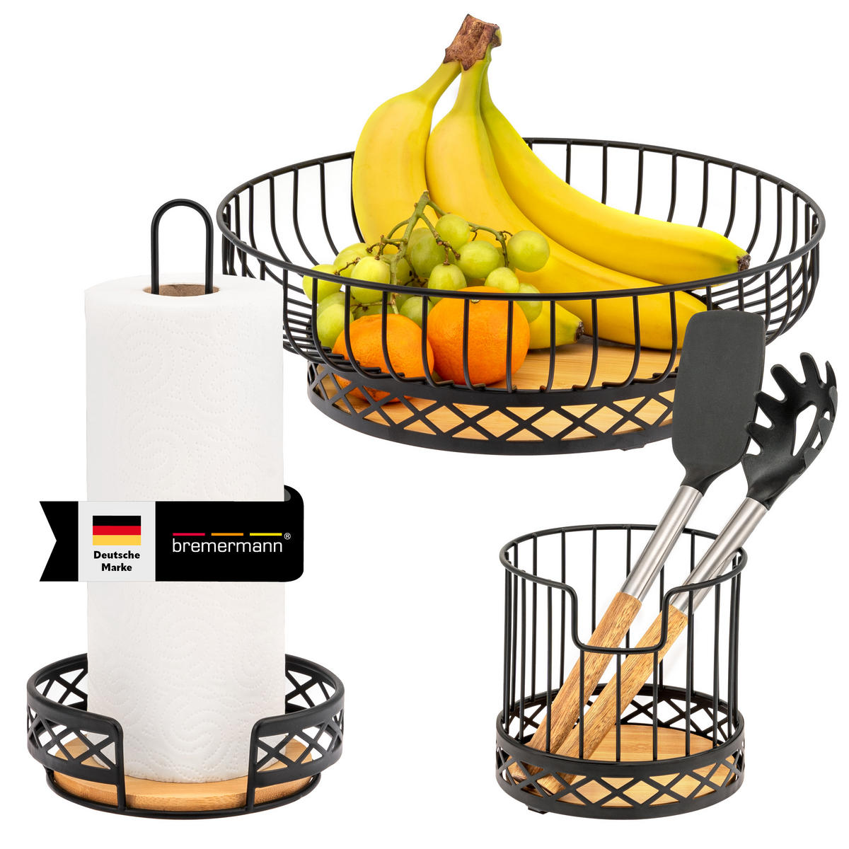 KÜCHENUTENSILIEN 3er Set, Metall, Bambus, schwarz - Schwarz, Metall (33.5/10.5/33.5cm) - bremermann