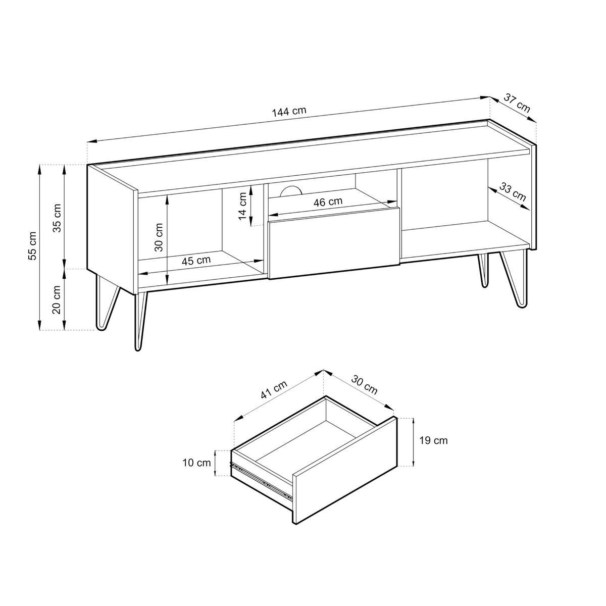 LOWBOARD Canmore 144 cm – Schwarz Grafit, Marmor Schwarz - Schwarz, Glas/Holzwerkstoff (144/55/37cm) - Komodee