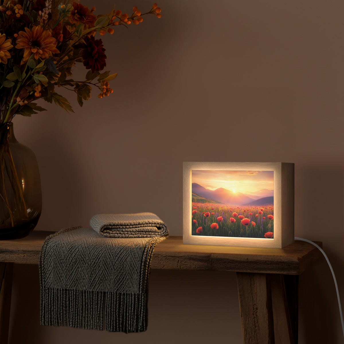 WANDLEUCHTE Landschaft - Sonnenuntergang - Blumenfeld 20x15 cm - Rot, Holzwerkstoff (20/15/8cm) - OnlyWow