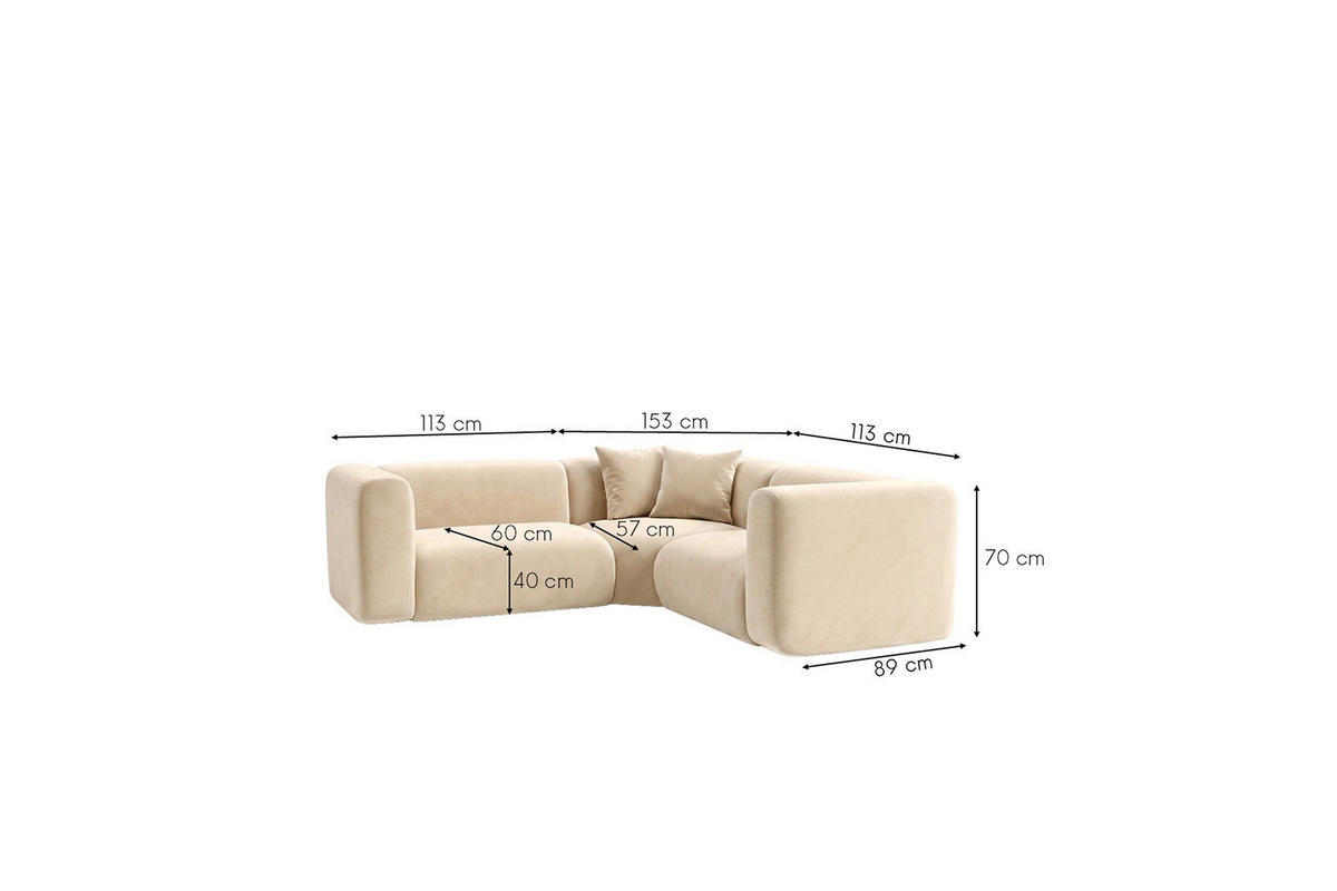 ECKSOFA Modulares, Corner Mini, Velvet-Stoff Bluvel, Creme, GRETA - Creme, Holz (190/190cm) - Kaiser Möbel