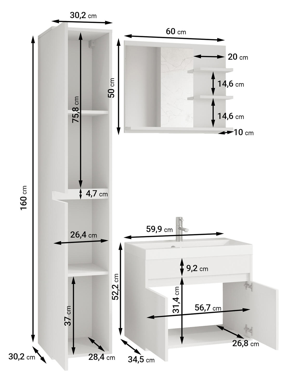 BADEZIMMERMÖBEL-SET Luani Matera / Kastanie - Beige/Schwarz, Holzwerkstoff (90.2/160/34.5cm) - Selsey