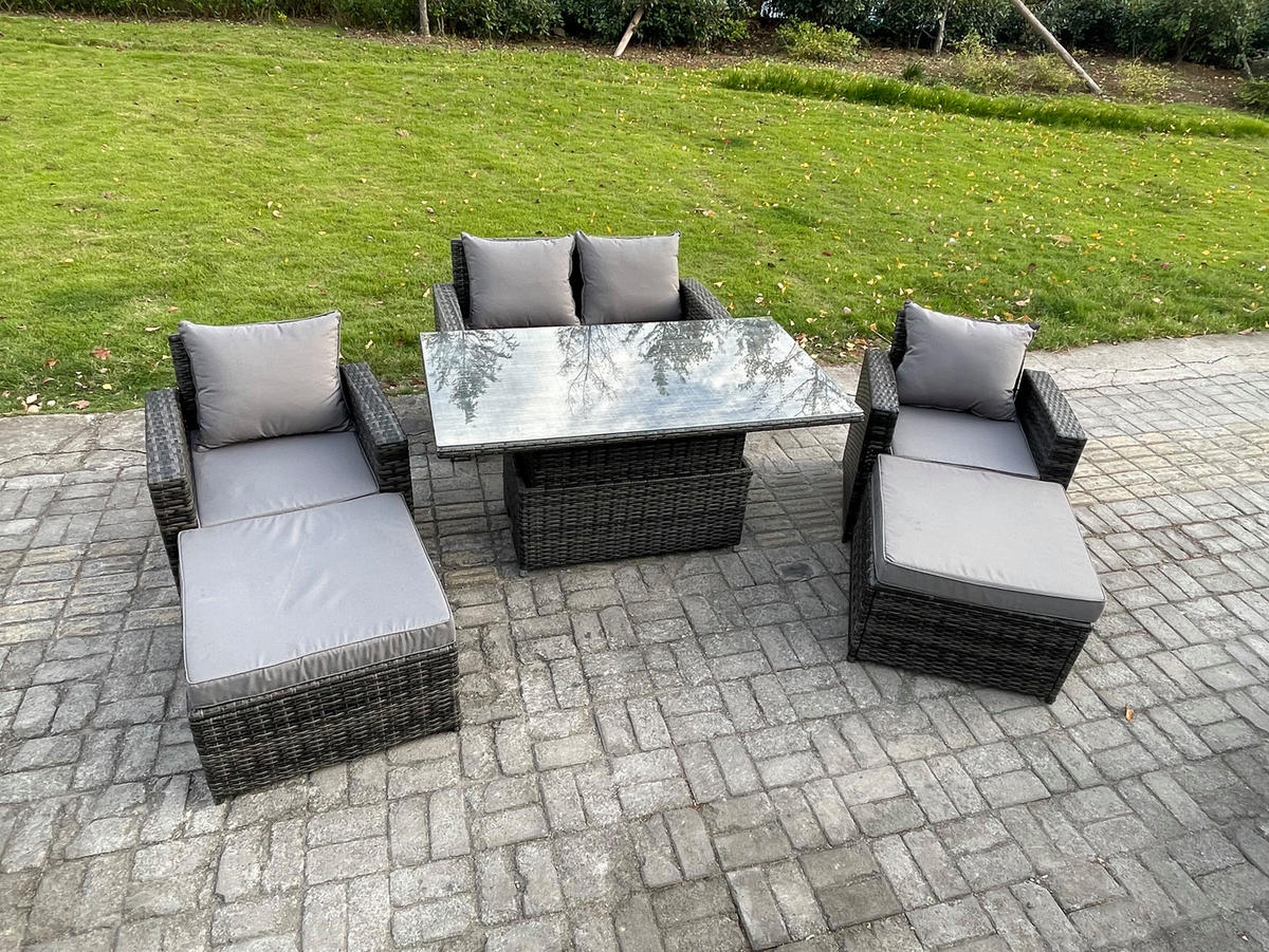 GARTENSET Polyrattan Dunkelgrau 6-Sitzer - Dunkelgrau, Metall - Fimous