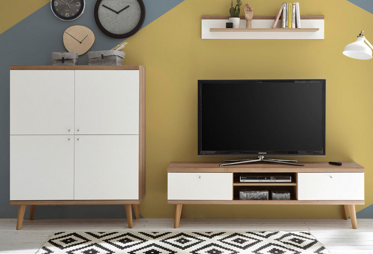 WOHNWAND weiß Eiche Riviera, Schrankwand skandinavisch 3-teilig 277 x 160 cm - Eichefarben/Weiß, Holzwerkstoff/Metall (277/160/40cm)