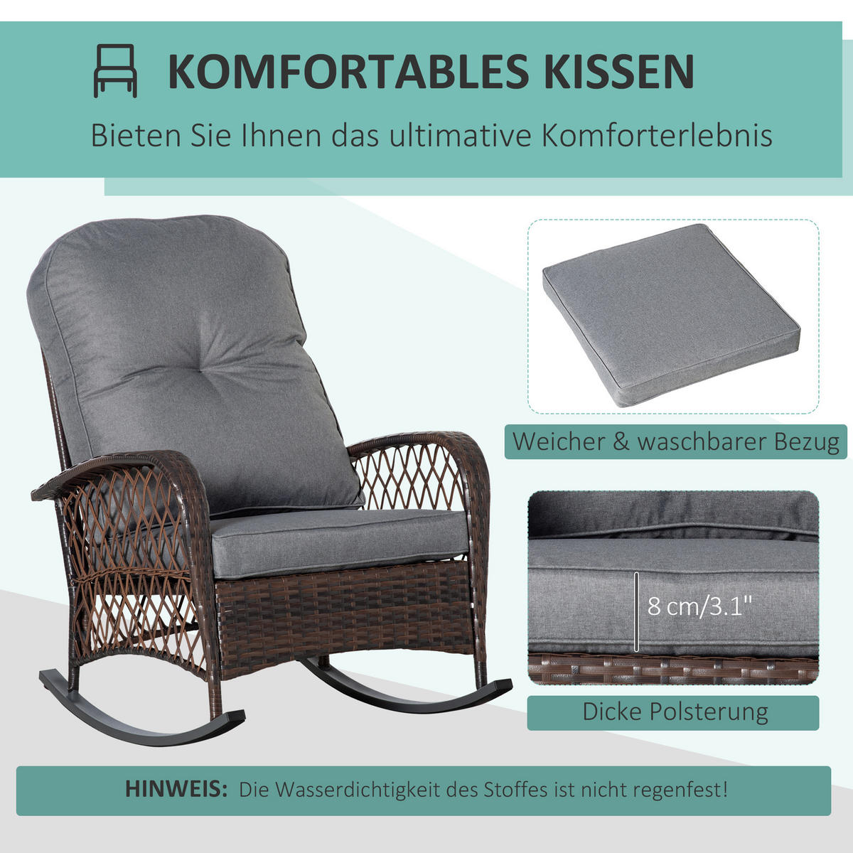 POLY Rattan Schaukelstuhl mit Kissen Braun 75 x 98 x 91 cm - Braun, Kunststoff (98/91/75cm) - Outsunny